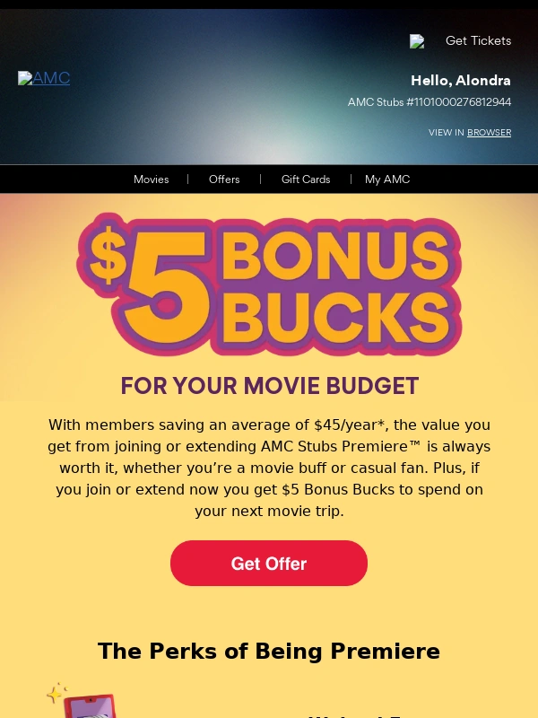 AMC Theatres - Get $5 Bonus Bucks for Your Next Movie