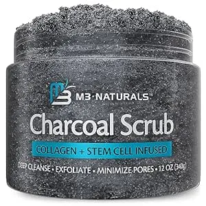 Exfoliating Charcoal Scrub with Collagen & Stem Cells – Salt Scrub for Body Toning, Cellulite, Armpit Detox, and Skin Smoothing for Face, Feet, and Body by M3 Naturals.