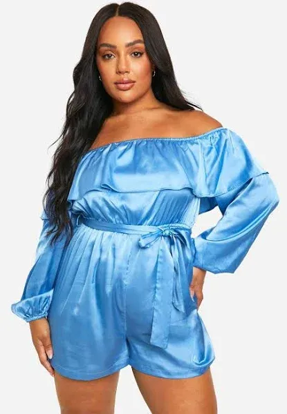Boohoo Plus Satin Frill Off The Shoulder Romper