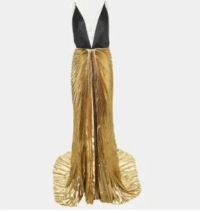 Gucci Metallic Gold Satin Silk and Lame Plisse Harness Detail Gown