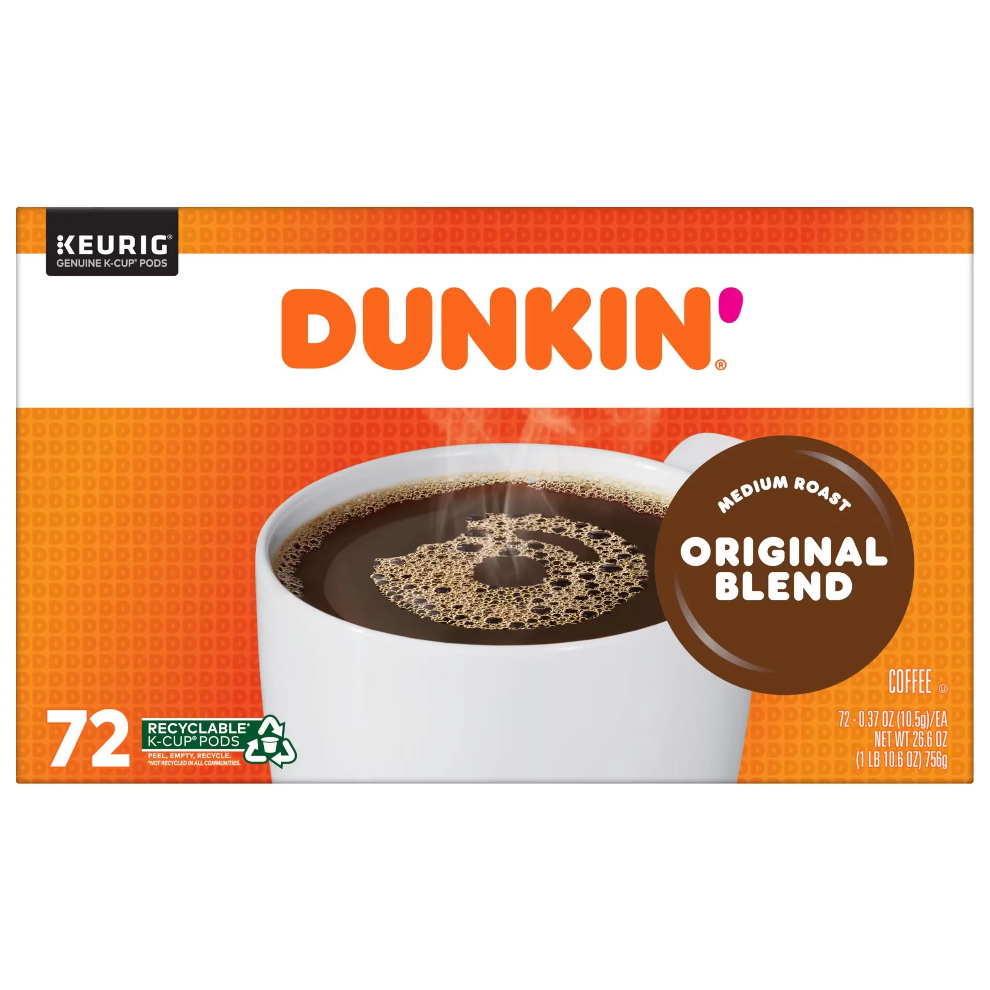 Dunkin' Original Blend Coffee, Medium Roast, Keurig K-Cup Pods, 72 ct.