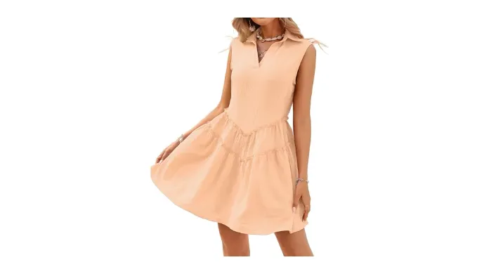BB&KK Womens Swimsuit Coverup Dress Lapel Sleeveless Ruffle Tiered Flowy Beach Swimwear Swim Suit Cover up Dresses Apricot M