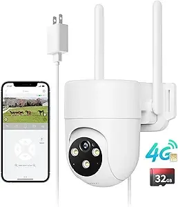 LIWAN 4G LTE Cellular Security Camera Wired Outdoor, No WiFi Security Camera, Plug-in for 24/7 Recording, 360° View, 2K Color Night Vision, 2-Way Talk, Built-in SIM Card and 32G Memory Card, White