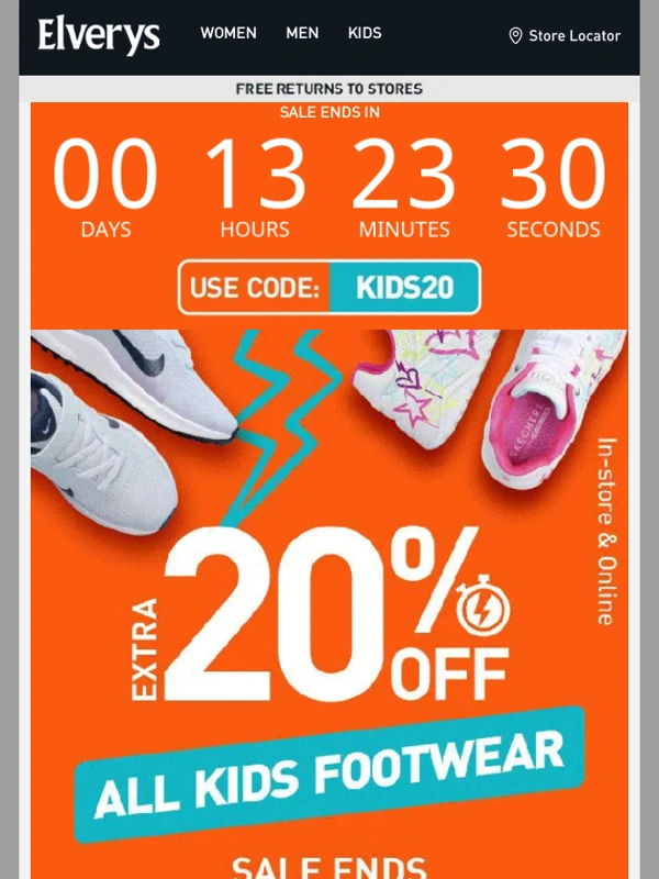 Elverys - Ends Midnight ⚠️ Extra 20% Off All Kids Footwear