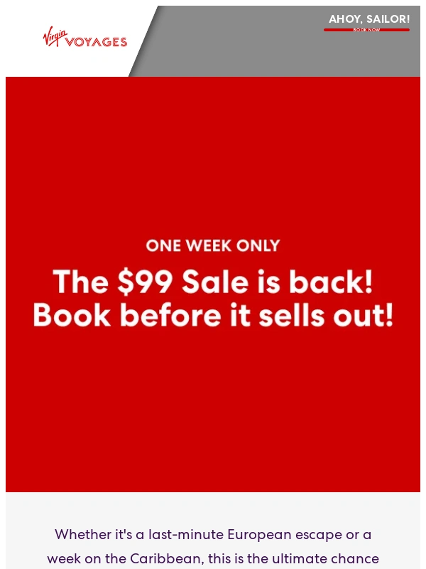Virgin Voyages - Our $99 Sale is back for one week only!