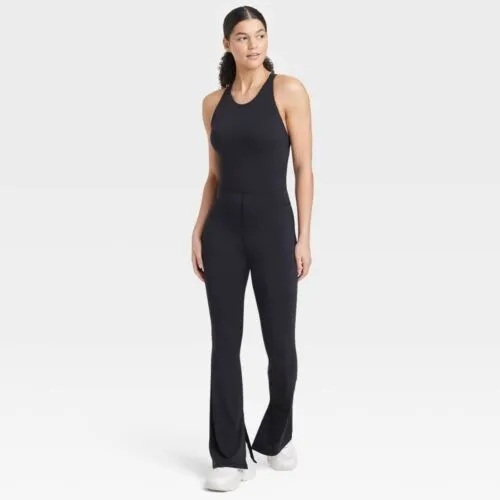 JoyLab Womens High Neck Flare Active Bodysuits Yoga Gym Workout Jumpsuit