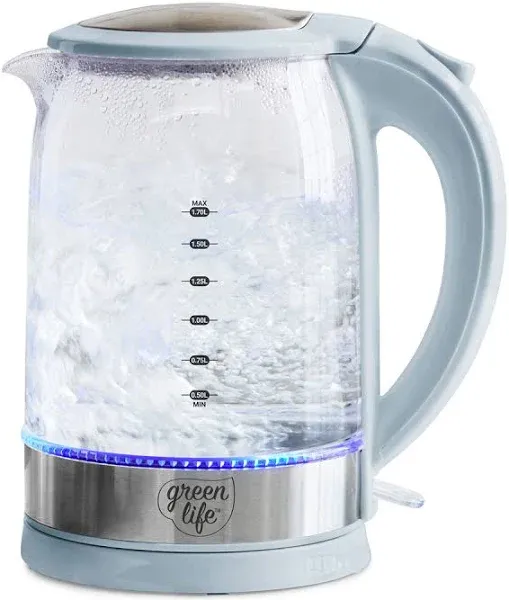 GreenLife 1.7 Liter Glass Electric Kettle, Easy One Touch Use, Quick Heating, Filtered Spout, LED Base, Auto Shut-Off, Cordless Serving, Coffee and
