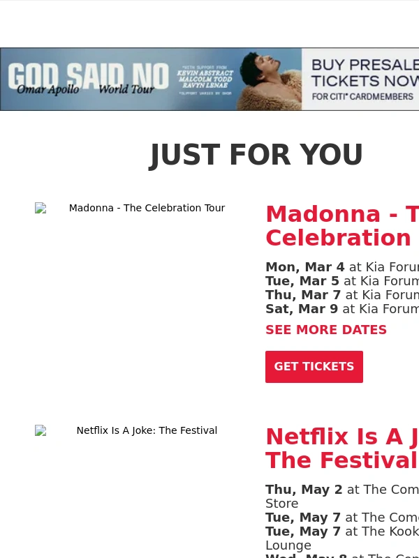 Live Nation - Your Upcoming Concert Lineup: Madonna,Netflix Is A Joke: The Festival,Excision