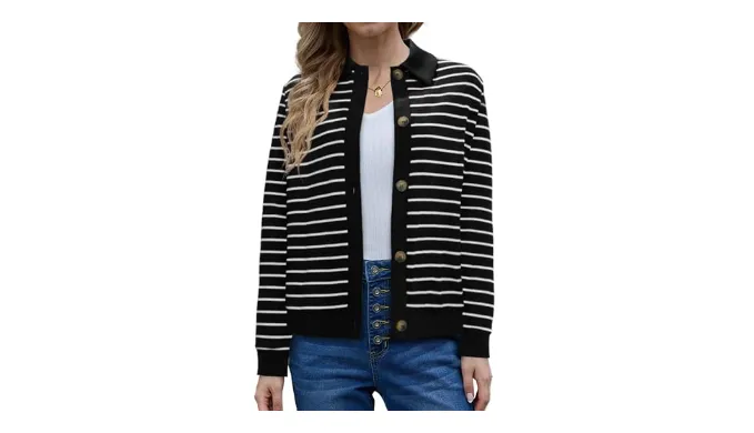 Zanvylia Womens Cardigan Sweaters 2024 Fall Fashion Outfits Striped Long Sleeve Knit Lightweight Cardigan Fall Oufits Clothes Fashion Trendy Black L