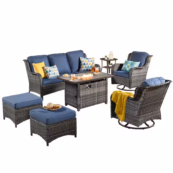 OVIOS Joyoung Gray 7-Piece Wicker Patio Rectangle Fire Pit Conversation Set with Denim Blue Cushions and Swivel Chairs