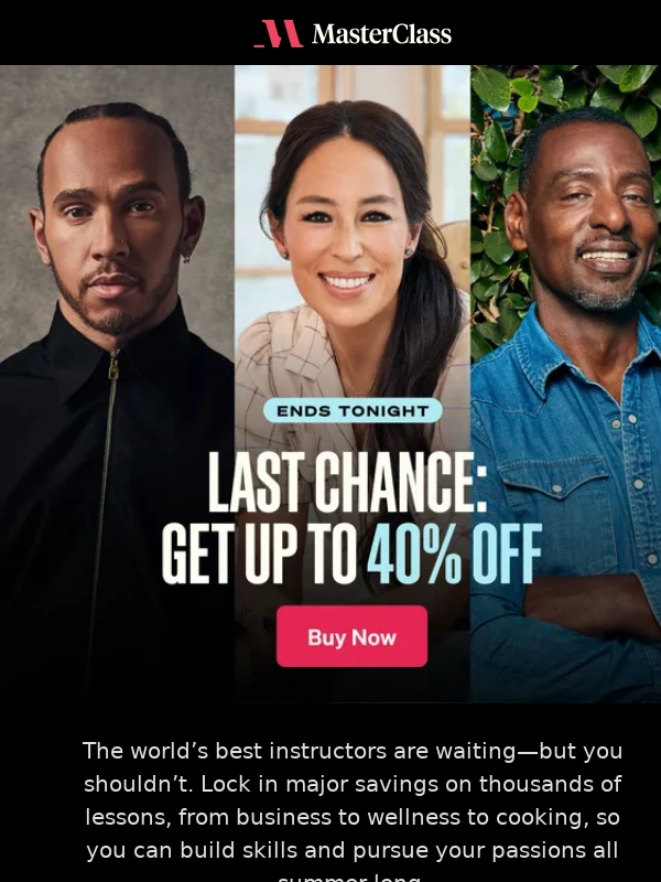 MasterClass - Ends tonight: Save up to 40% for Memorial Day