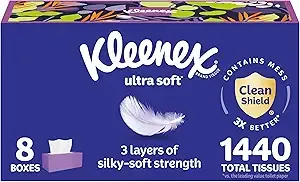 Kleenex Ultra Soft Facial Tissues, 8 Flat Boxes, 180 Tissues per Box, 3-Ply, Packaging May Vary