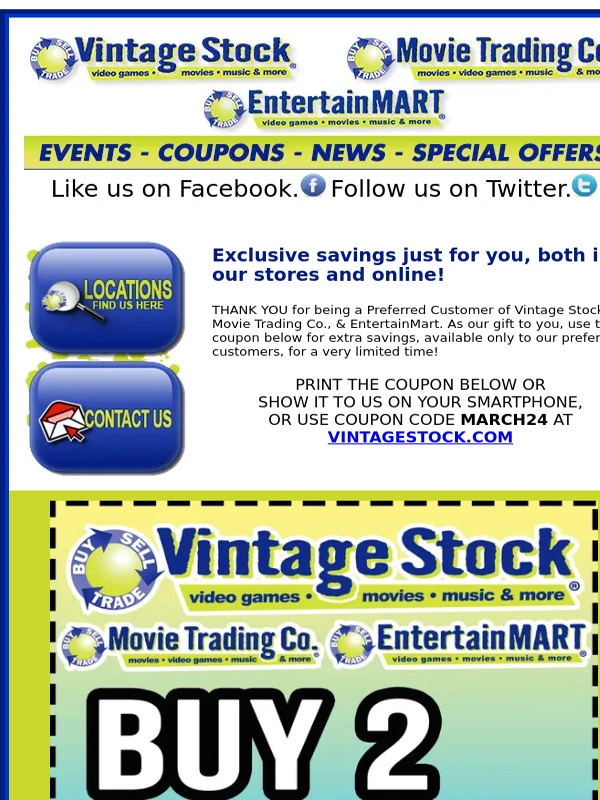 Vintage Stock - Buy 2,Get 1 Free COUPON! March 11-14 only