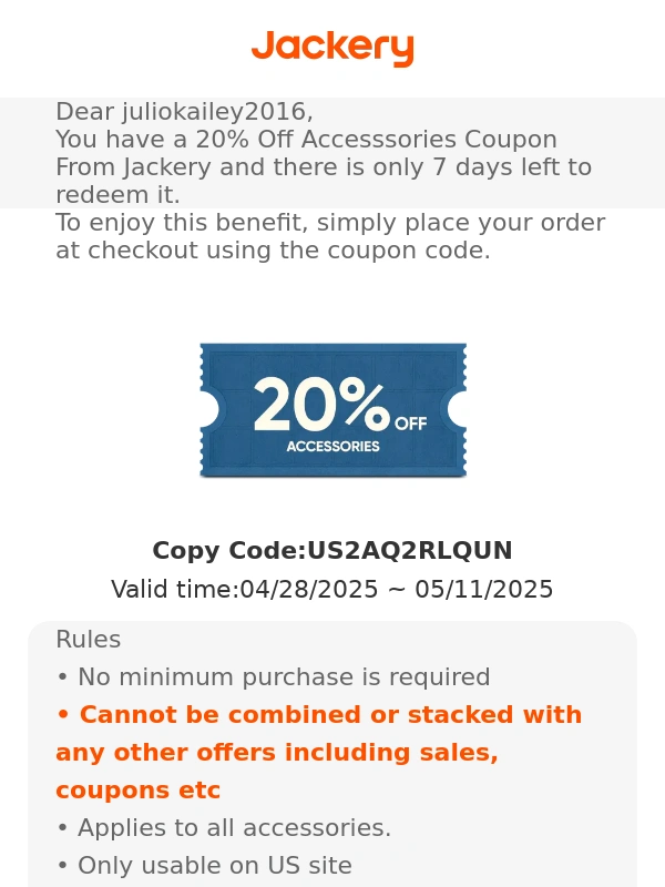 Jackery - You have 7 days left to redeem a 20% Off Accesssories Coupon. Get this fantastic offer now!