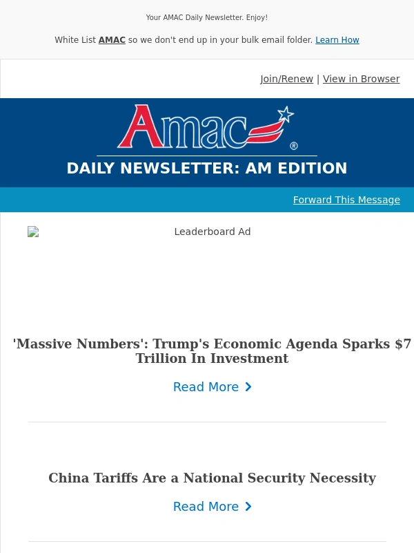 AMAC - 'Massive Numbers': Trump's Economic Agenda Sparks $7 Trillion In Investment - Your AMAC Daily Newsletter: AM Edition