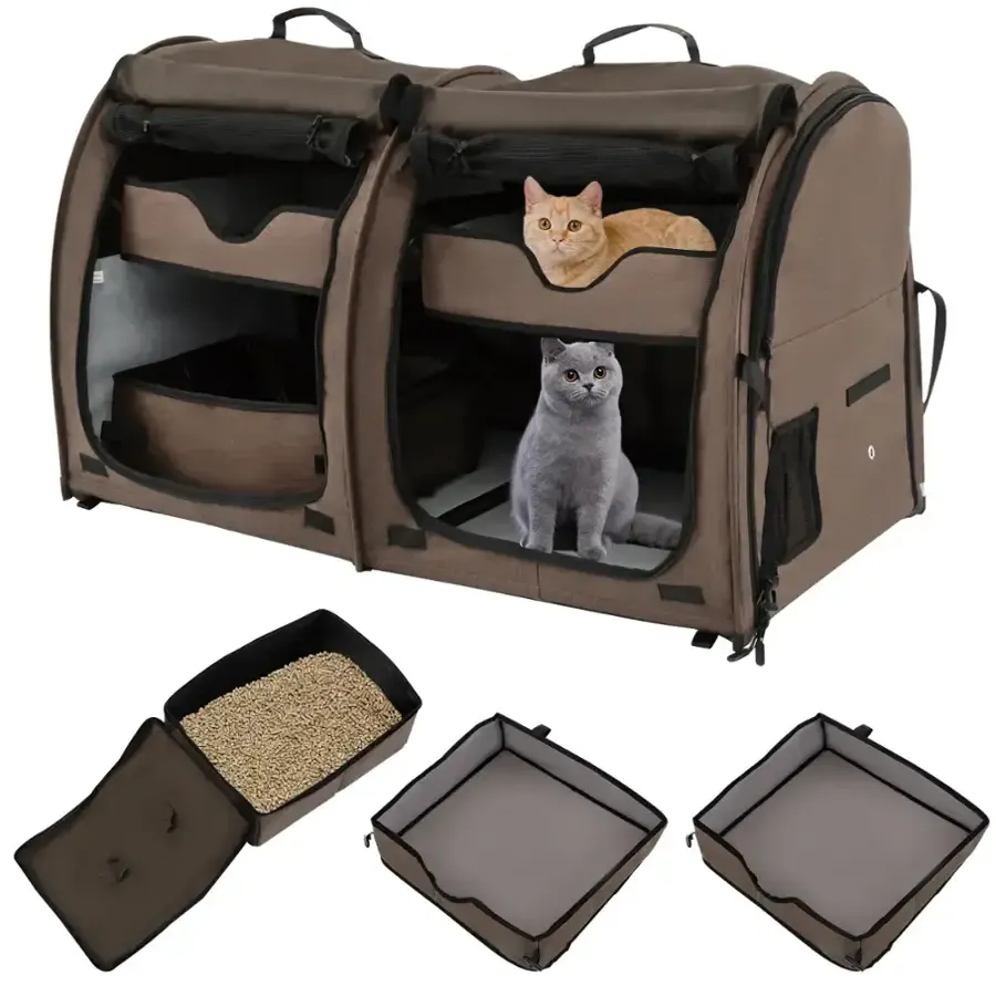 Costway - Portable Pet Carrier Kennel Cat Dog Crate, Twin Compartments, Brown