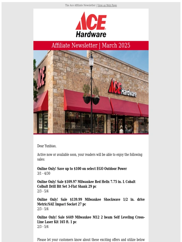 Ace Hardware - Fwd: Ace Hardware: Online-Only Savings! Huge Discounts on EGO Outdoor Power & Milwaukee Tools