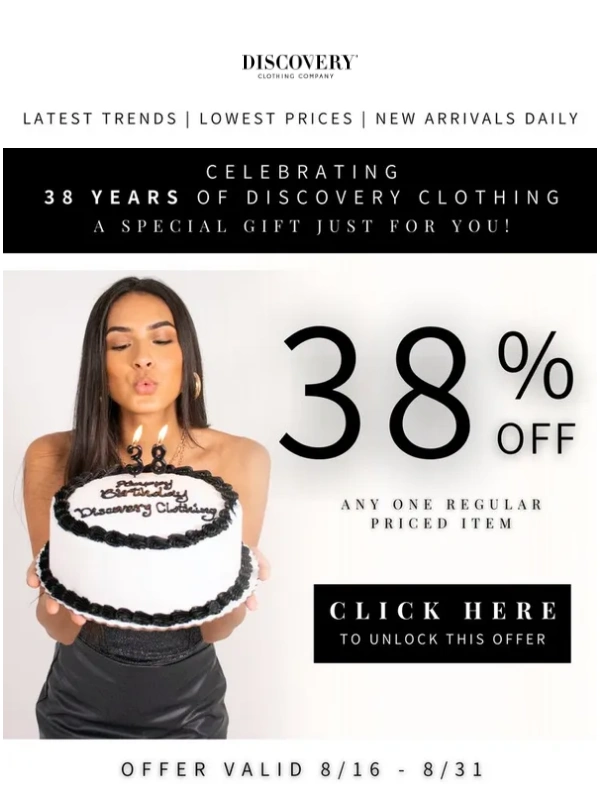 Discovery Clothing - LET’S CELEBRATE! 38% Off Just For You! ??