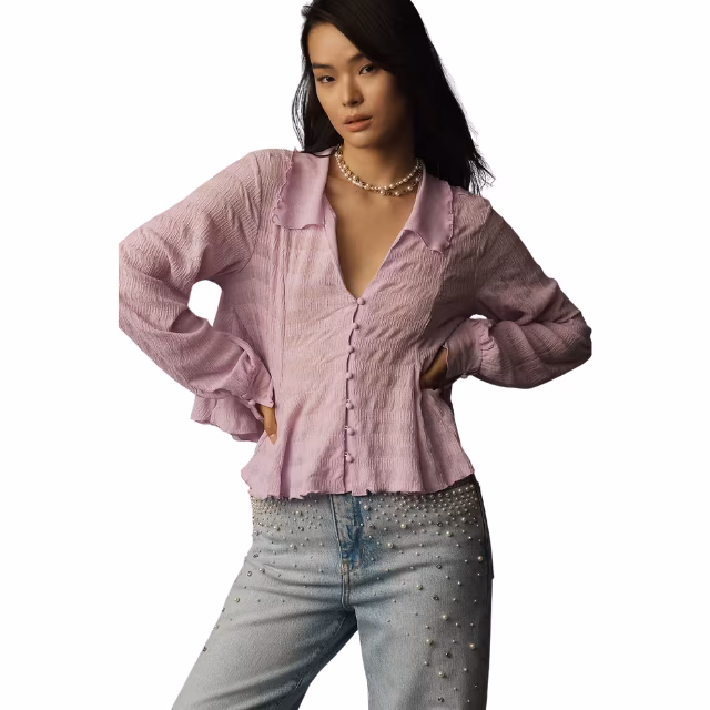 By Anthropologie Long-Sleeve Button-Front Textured Blouse
