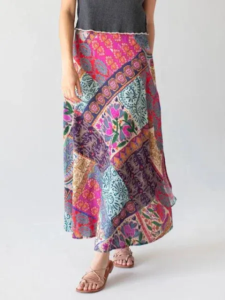 Boho Blooms Patchwork Maxi Skirt with Side-Slit