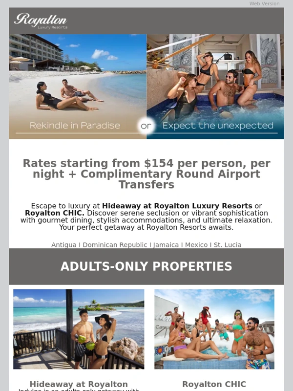 Royalton Resorts - Adults-Only Escape: From $154 Per Person,Per Night!