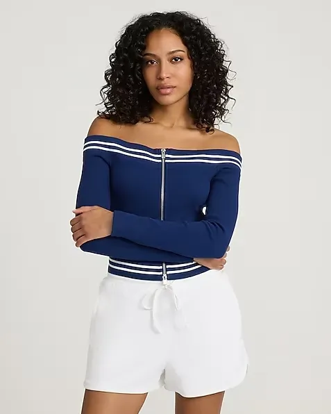 Striped Trim Off The Shoulder Zip Front Cropped Top