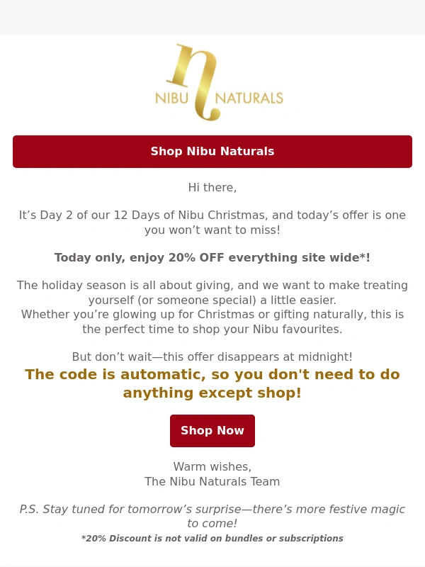 Nibu Naturals - Day 2: 20% Off Everything – Today Only!