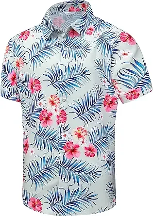SheLucki Hawaiian Shirt for Men, Unisex Summer Beach Casual Short Sleeve Button Down Shirts, Printed Palmshadow Clothing Flower Tree Beige XL