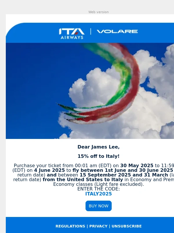 Ita Airways - 15% off to Italy