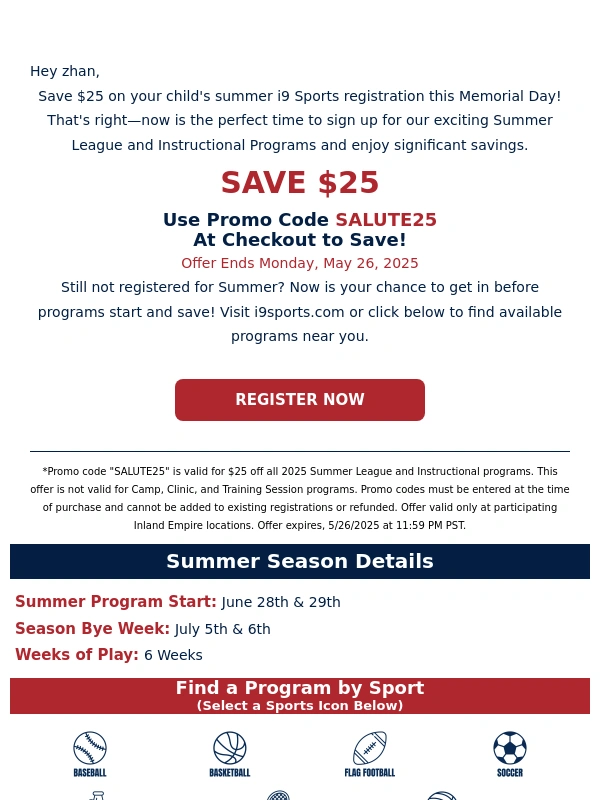 i9 Sports - ? Memorial Day Savings: Save $25 on Summer Fun!