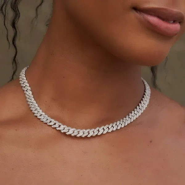GLD 14K White Gold Diamond Prong Cuban Chain