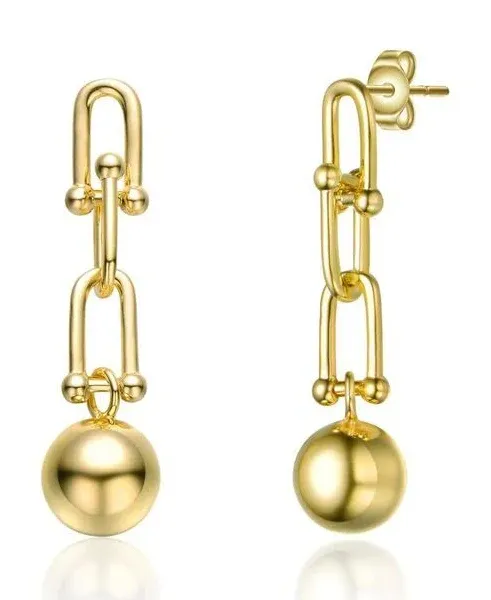 14K Yellow Gold Plated U-Shaped Link Chain Drop Earrings with Golden Ball