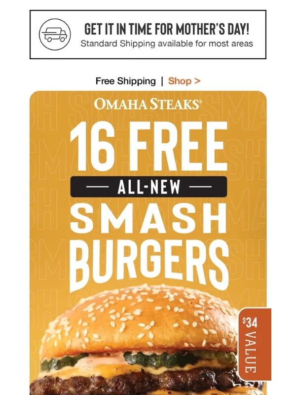 Omaha Steaks - Get 16 ALL-NEW smash burgers FREE!