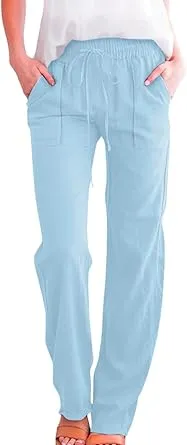 bmkBWO Linen Pants Women Summer,Cotton Linen Straight Leg Petite Casual Pants with Pockets Comfy Lounge Pant 2025