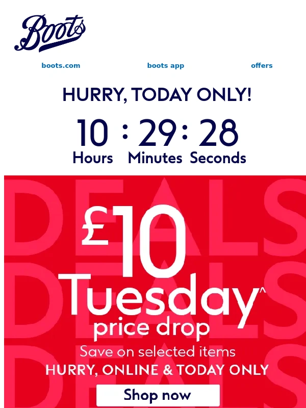 Boots - Until MIDNIGHT! £10 Tuesday!