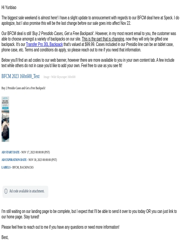 Speck - Final Update: Speck's BFCM Affiliate Deal