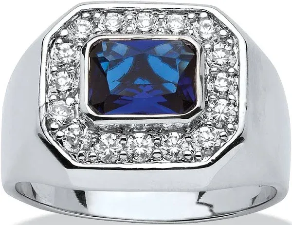 .53 TCW Bezel-Set Blue Glass and Cubic Zirconia Octagon Ring in Silvertone Sizes 9-16 Palmbeach Jewelry Men's