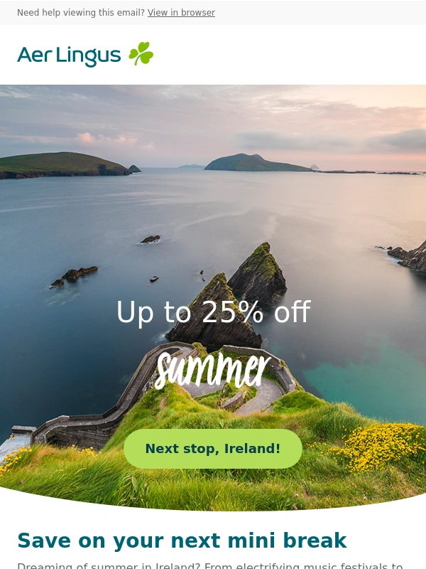 Aer Lingus - Summer savings! Up to 25% off Ireland