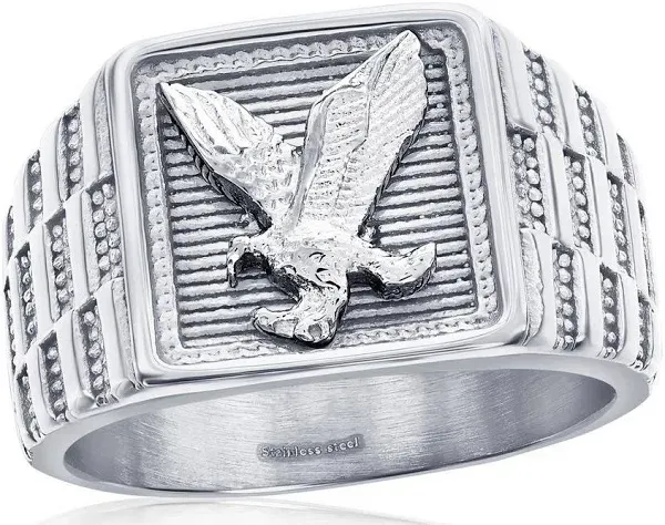 Stainless Steel - Square Textured Eagle Design Ring,