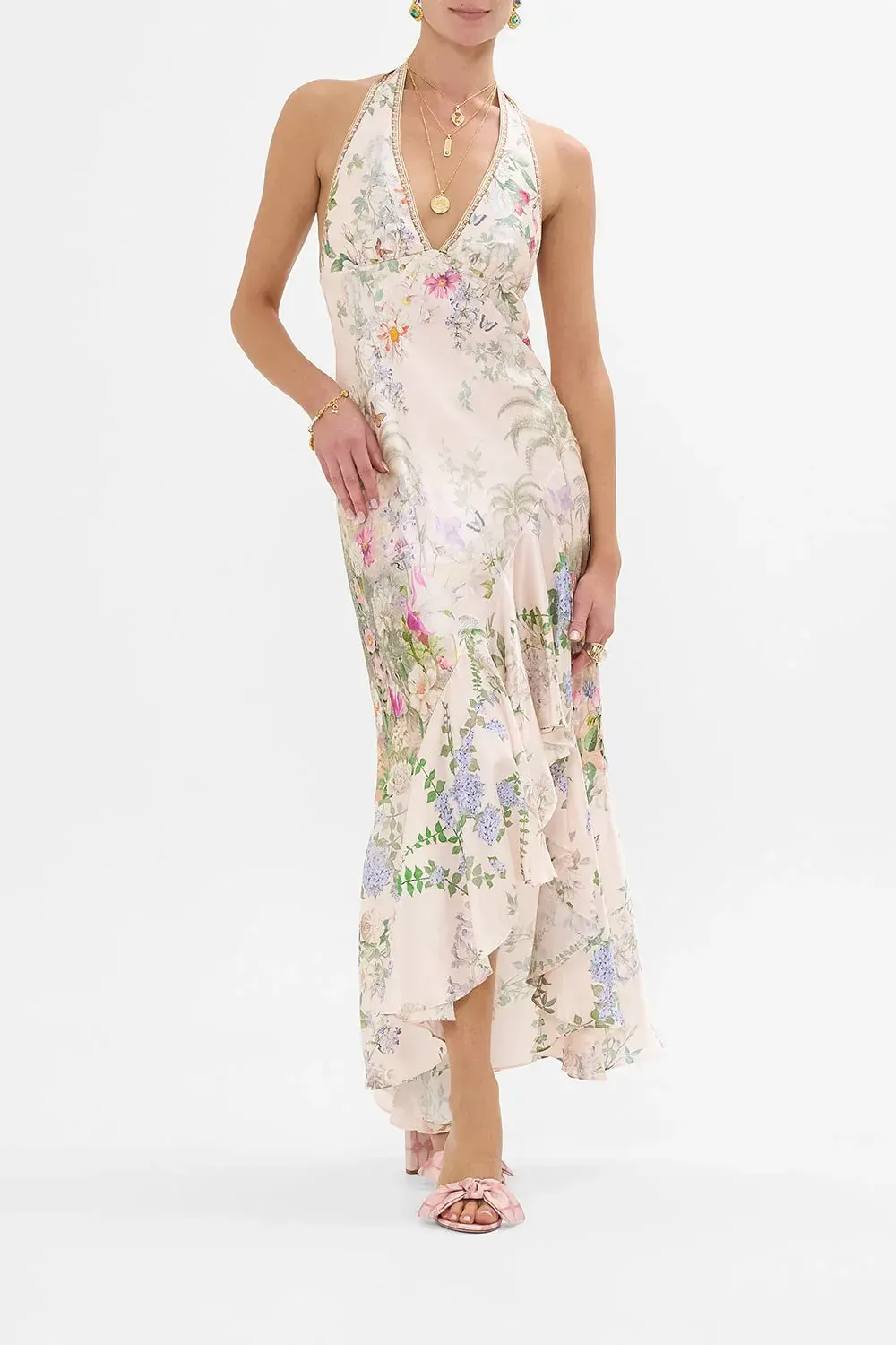 Bias Halter Dress with Ruffle Hem