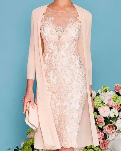 Two Piece Sheath Champagne Beach Wedding Mother of the Bride Dress Wedding Guest Elegant Jewel Neck Knee Length Chiffon Lace 3/4 Length Sleeve Wrap In