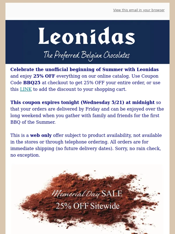 Leonidas - ⏰Only a few hours left to enjoy 25% OFF ⏰