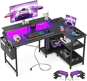 ODK 48 Inch Gaming Desk with USB Charging Ports and LED Lights, Reversible L Shaped Computer Desk with Storage Shelves & Monitor Stand, Corner Gamer Desk Table with Power Outlets, Black
