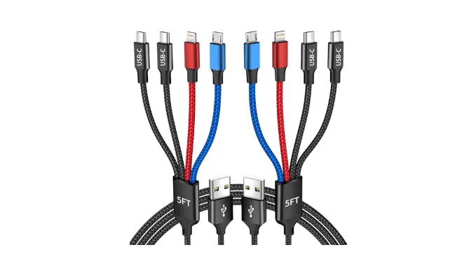 Dual Type-C 4 in 1 Charging Cable 2Pack 5FT, Multi Charging Cable for Multiple Devices, Universal USB Cable with IP/Micro/Dual USB-C Port Compatible iPhone16/15/14 Series, Cell Phones Tablets Pads