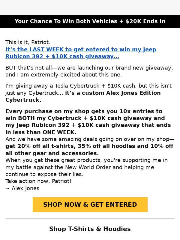 INFOWARS - ONE WEEK LEFT to Win 2 Trucks + $20K Cash