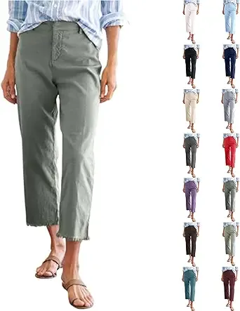 Linen Pants Women High Waisted Summer Casual Capris for Women 2025 Ladies Cropped Trousers for Seniors with Pockets