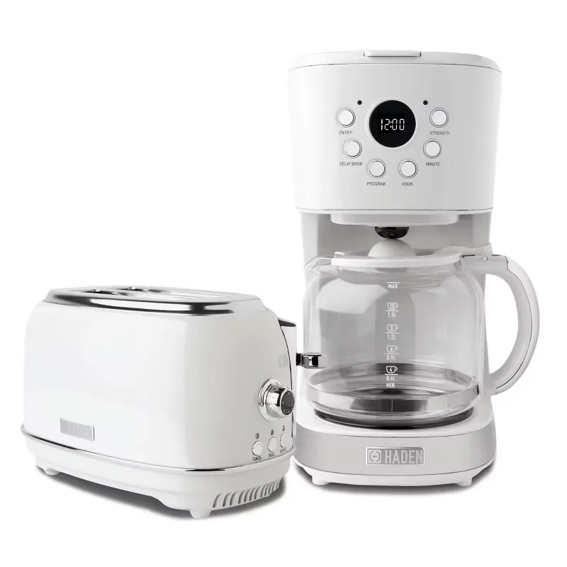 Haden 12 Cup Programmable Coffee Maker with Brew Strength Control and Heritage Stainless Steel Bread Toaster 2 Slice Wide Slot