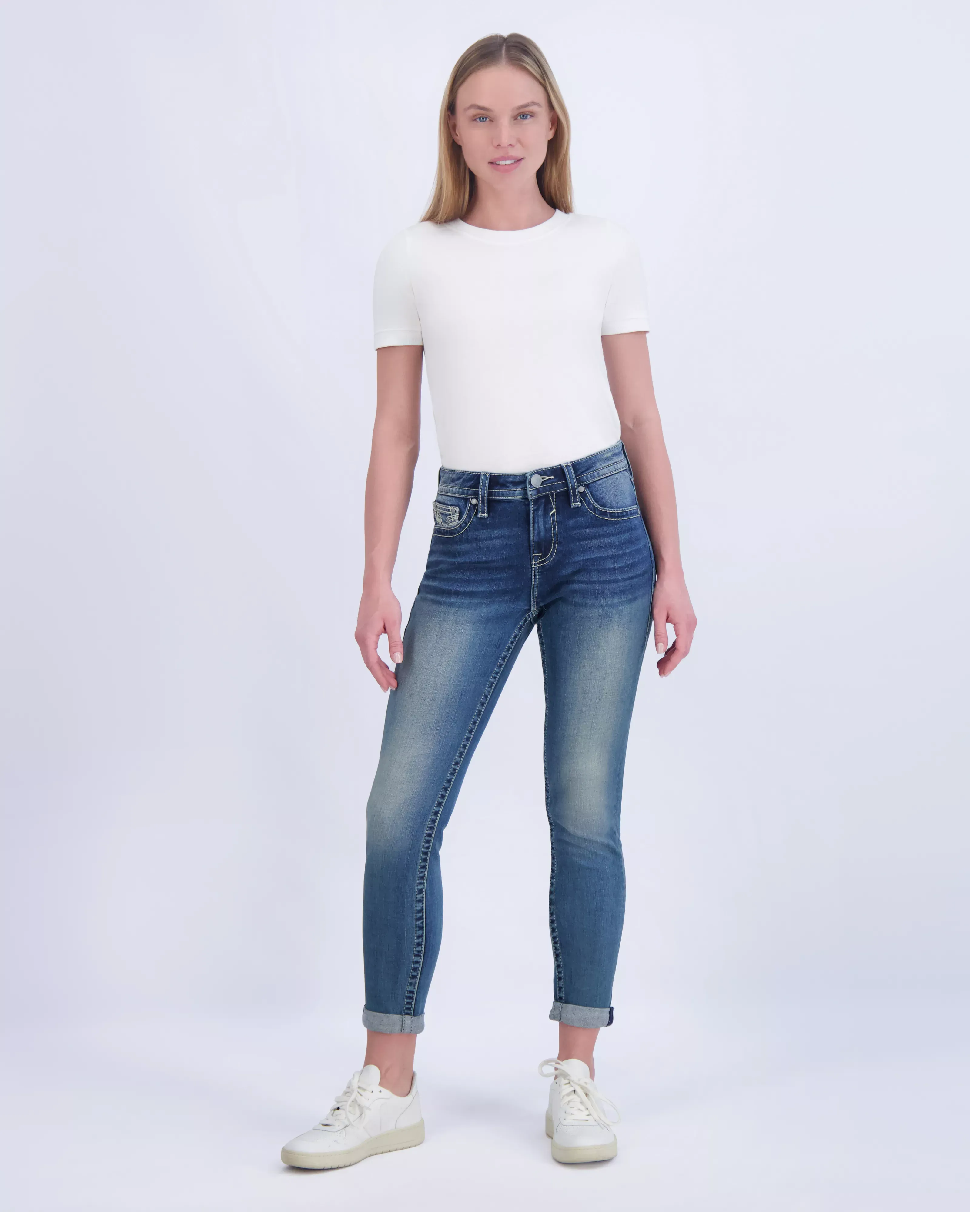Vigoss Vigoss® Women's Mid Rise Arrow Stitch Tomboy Jeans Blue  - 8