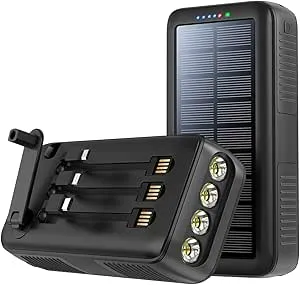 boogostore Solar Charger Power Bank 63200mAh, Portable Charger with Dual Outputs & Dual Inputs 4 LEDs Flashlight, Hand Crank Power Bank Fast Charging Battery Pack for Outdoor Camping Survival Gear