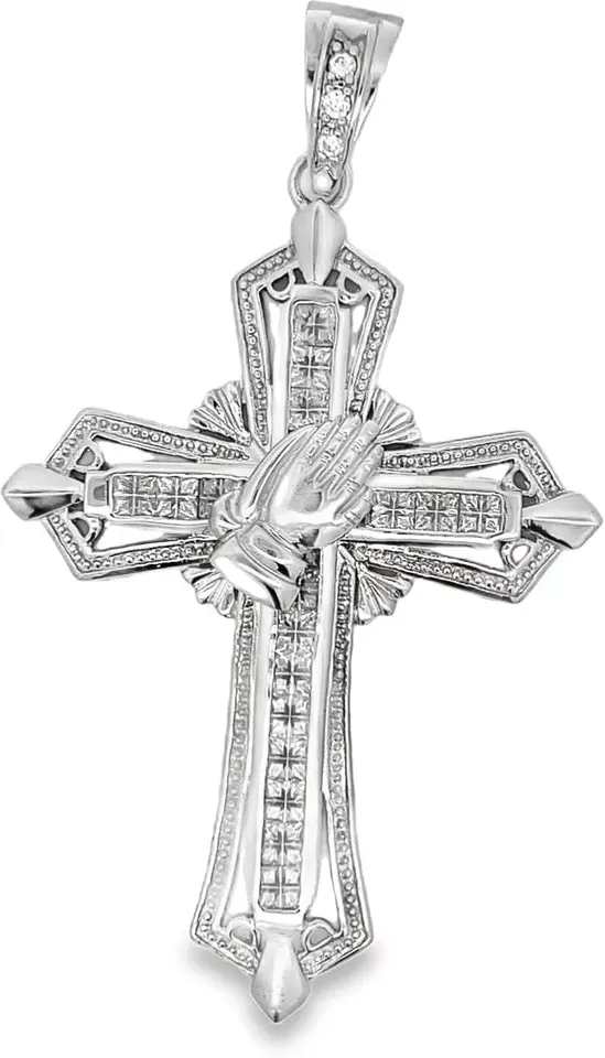 HipHopBling Prayer Hands Cross CZ Iced Out Pendant .925 Sterling Silver
